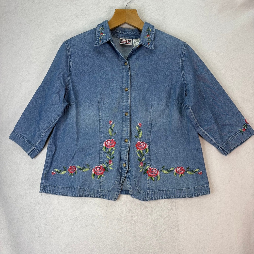 Vtg Bill Blass Denim Embroidered Rose Button Up Shirt Women 18/20 Cottage Granny